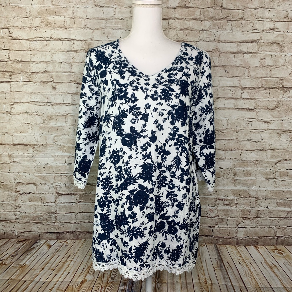 Elena Baldi Linen Tunic Top V-Neck Crochet Trim L